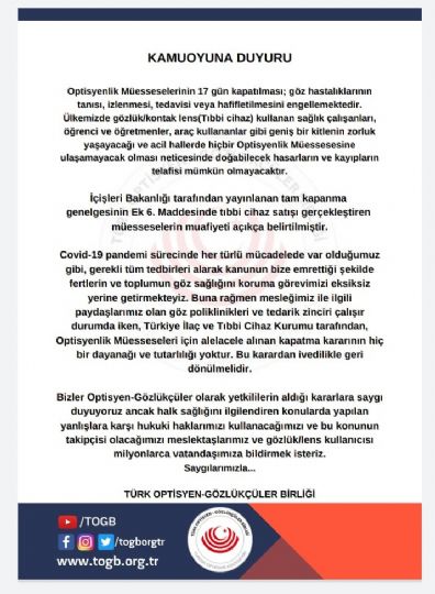Türk Optisyen Gözlükçüler Birliği Duyuru!