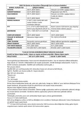 2020 Banka ve Kurumların Ödeyeceği Cam ve Çerçeve Bedelleri